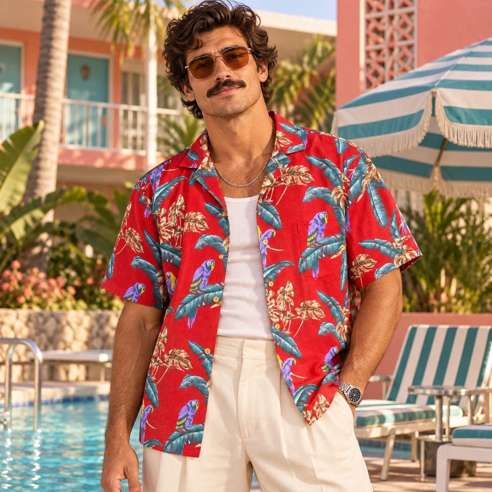 Vintage Paradise Found Jungle Bird Hawaiian Shirt XL Red Magnum PI Cotton